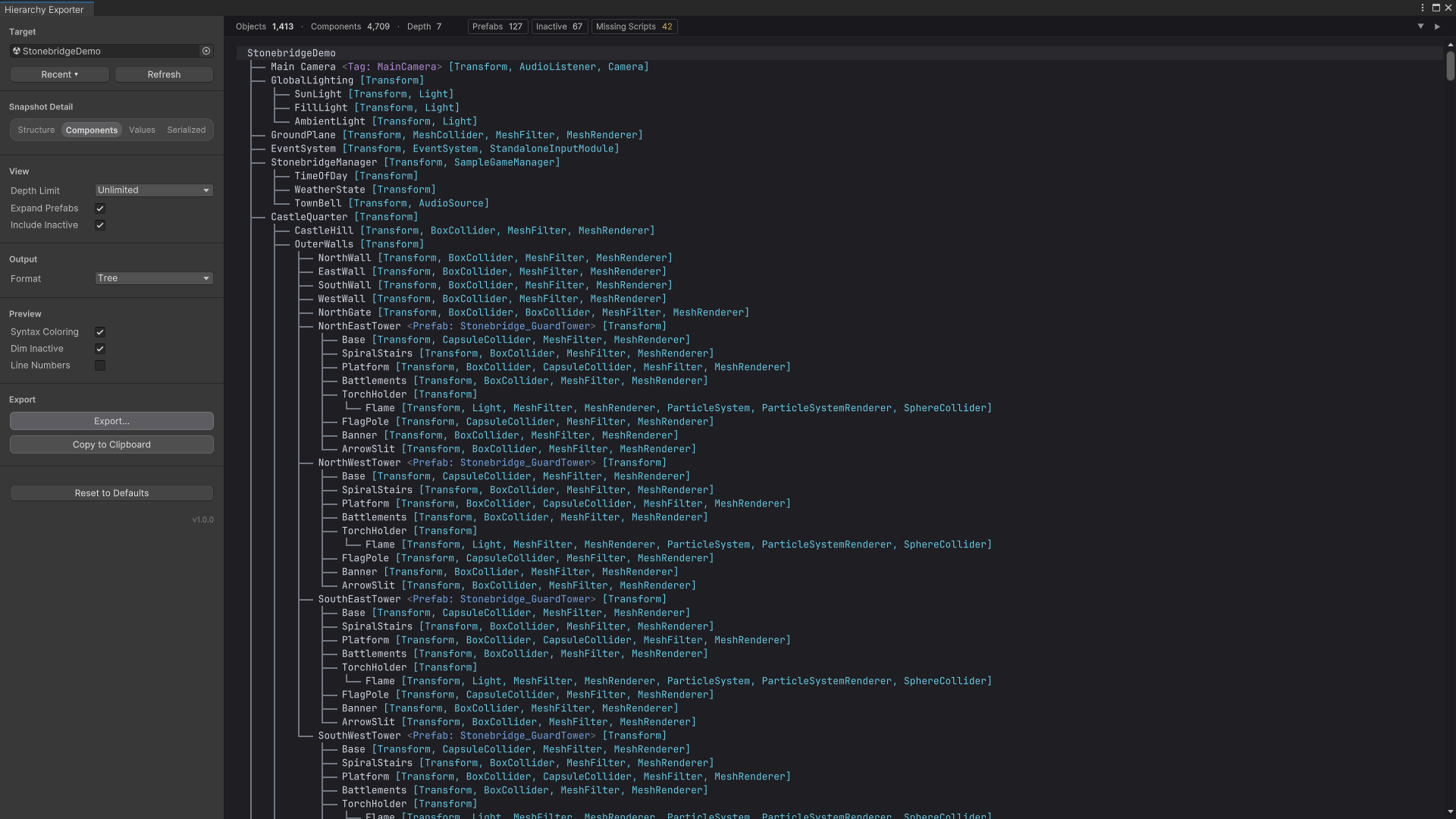 The Hierarchy Exporter window previewing a Tree-format export of a 1,413-object scene, each object followed by its tag, prefab source and component list