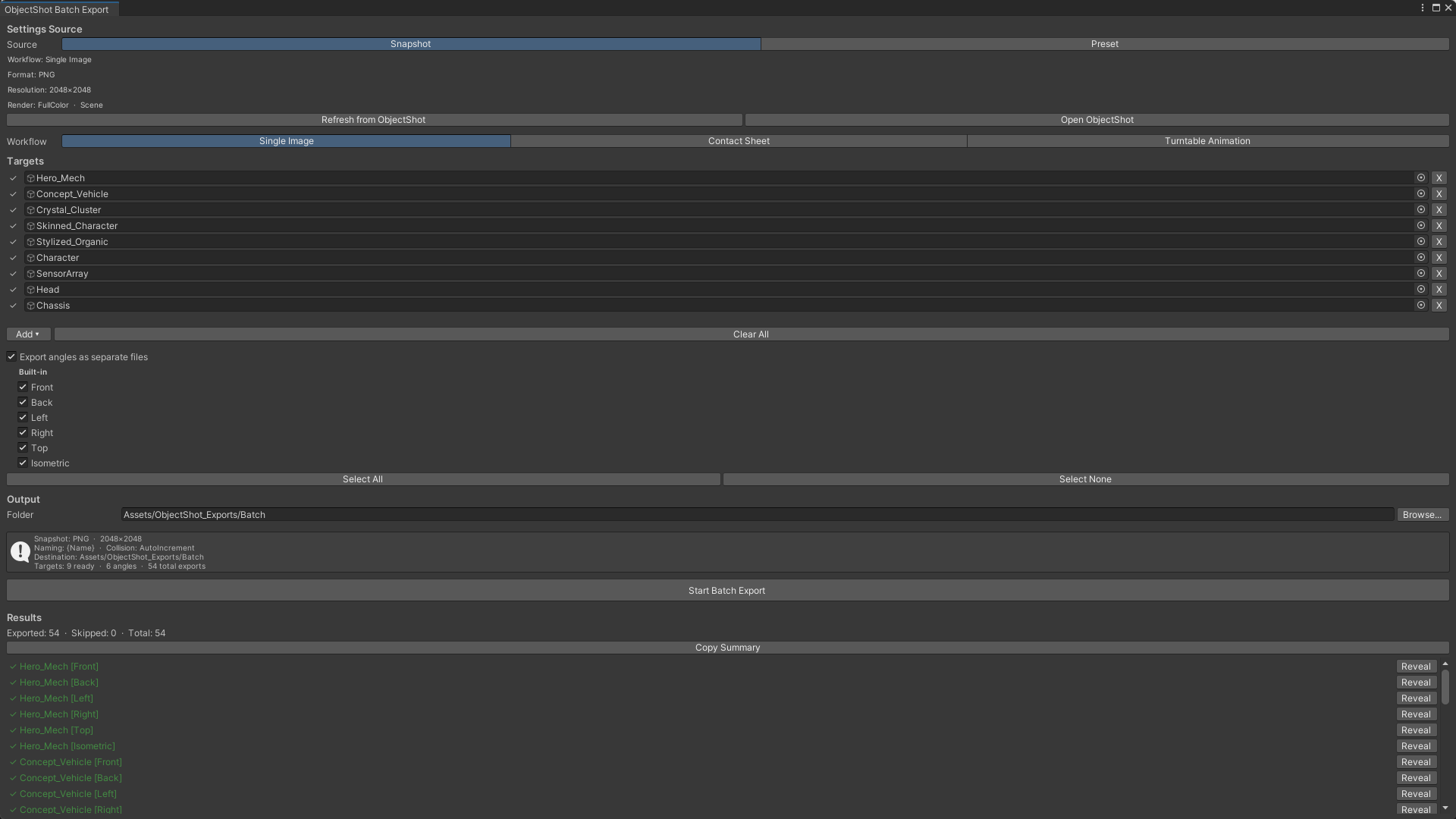A Unity editor window listing nine prefab targets and six camera angles, with a results panel reading “Exported: 54, Skipped: 0, Total: 54”