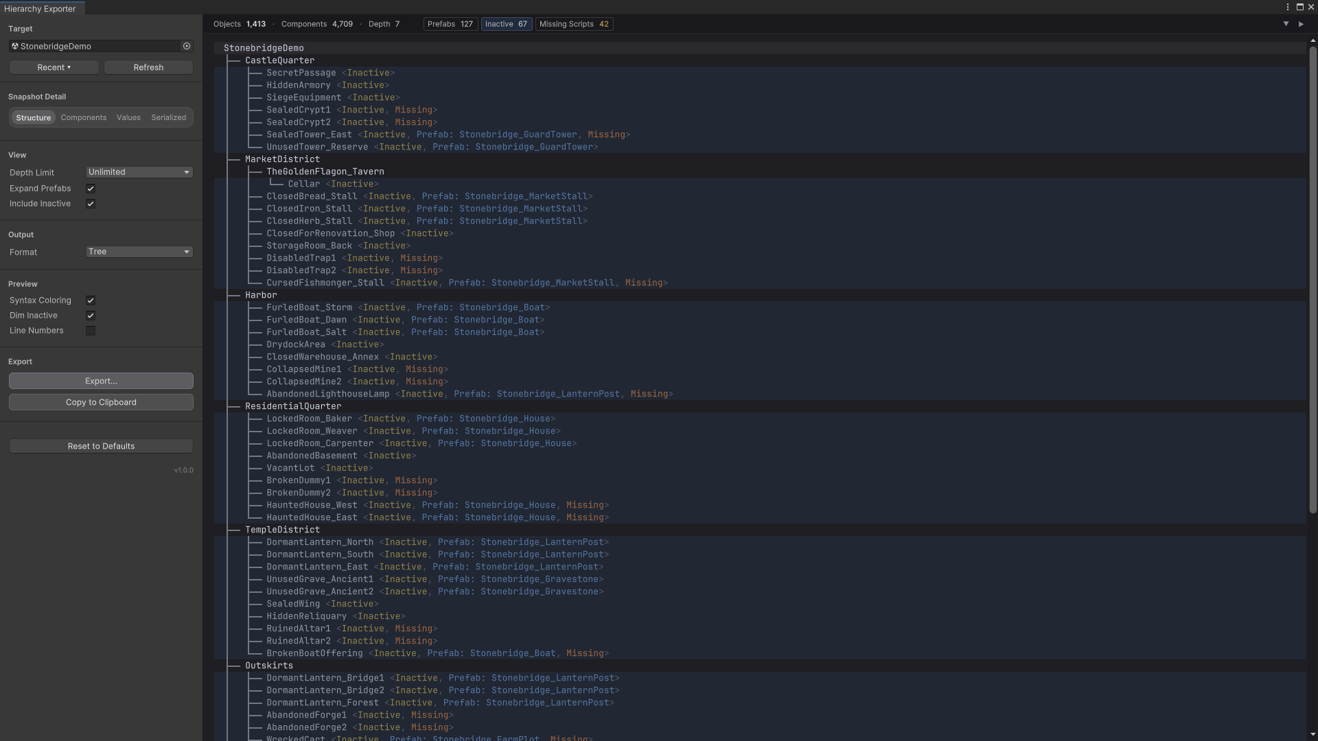 The Hierarchy Exporter window with its Inactive filter on: a 1,413-object scene in which every one of the 67 inactive objects is highlighted and labelled Inactive
