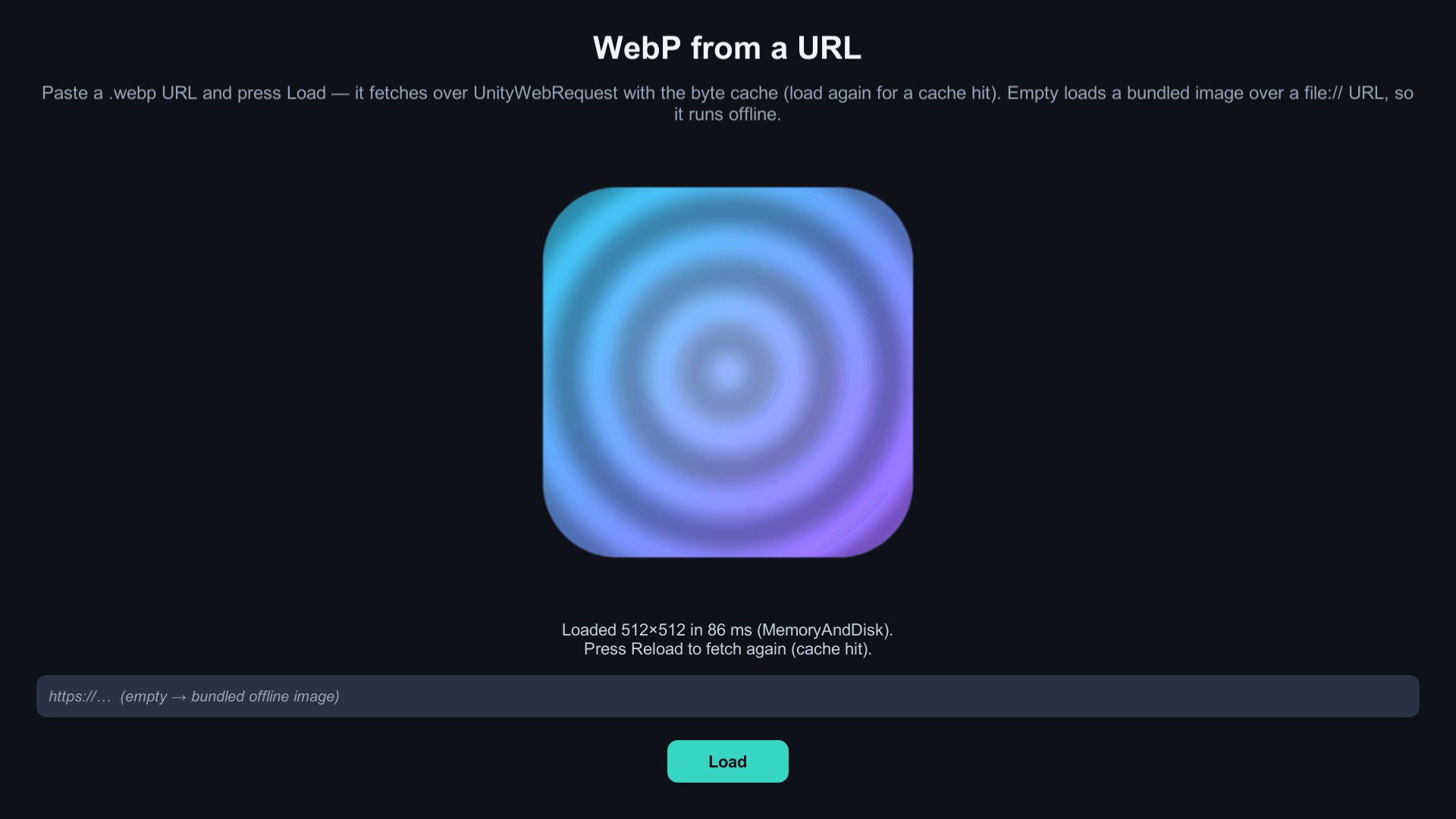 A Unity sample scene titled “WebP from a URL”: a decoded 512 × 512 image above the status line “Loaded 512×512 in 86 ms (MemoryAndDisk)”, a URL field and a Load button
