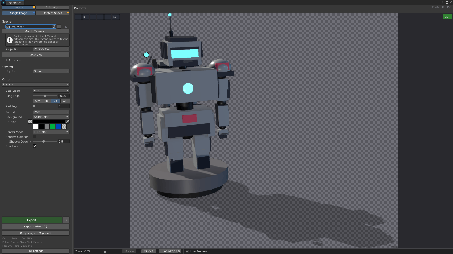 The ObjectShot window previewing a robot model and its contact shadow on a checkerboard backdrop, set to export a 2048 × 1802 PNG with a transparent background