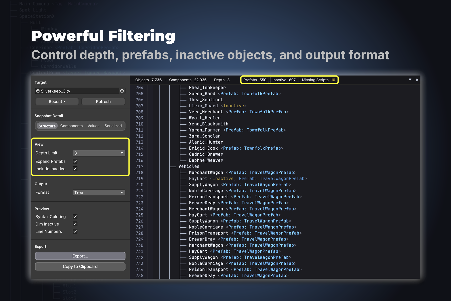 The View panel showing depth limit, expand prefabs, and include inactive controls; preview shows a large filtered hierarchy