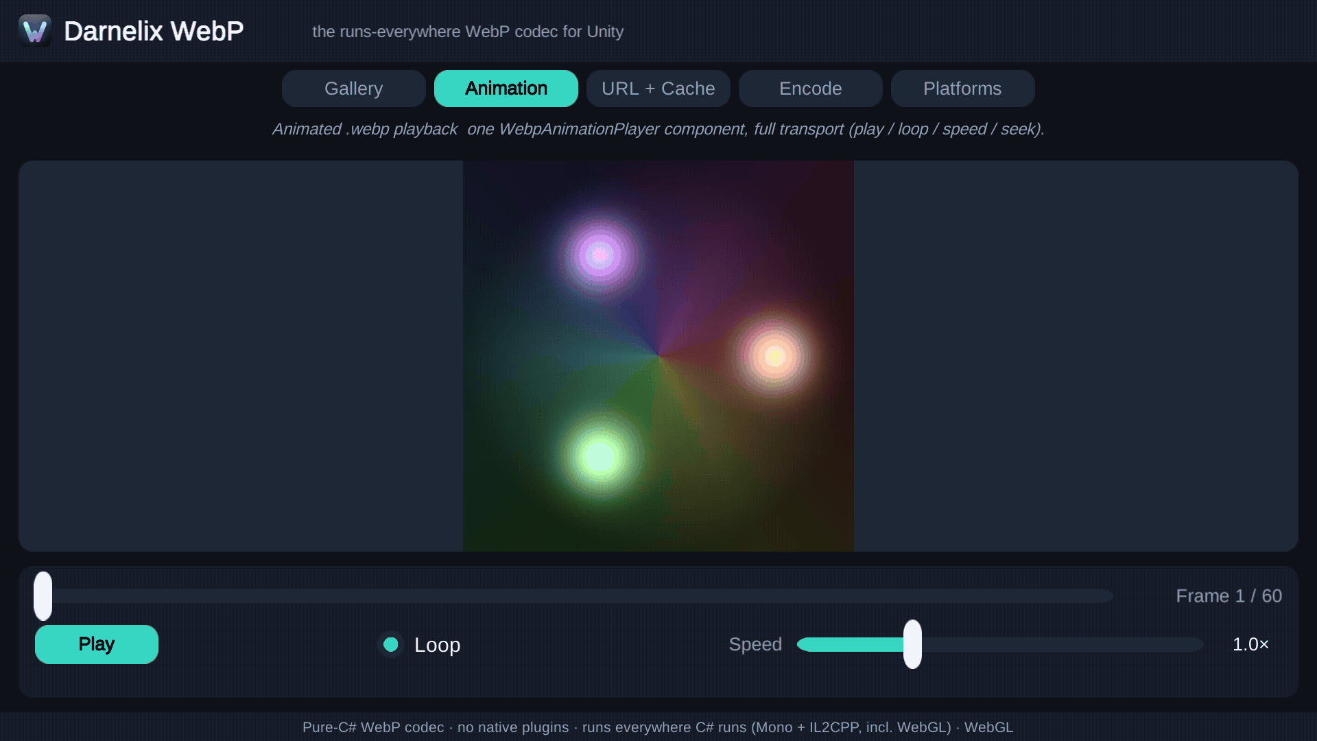 An animated .webp playing in-engine through the playback component, the transport — play, loop, speed, and a seek bar — advancing the frame counter