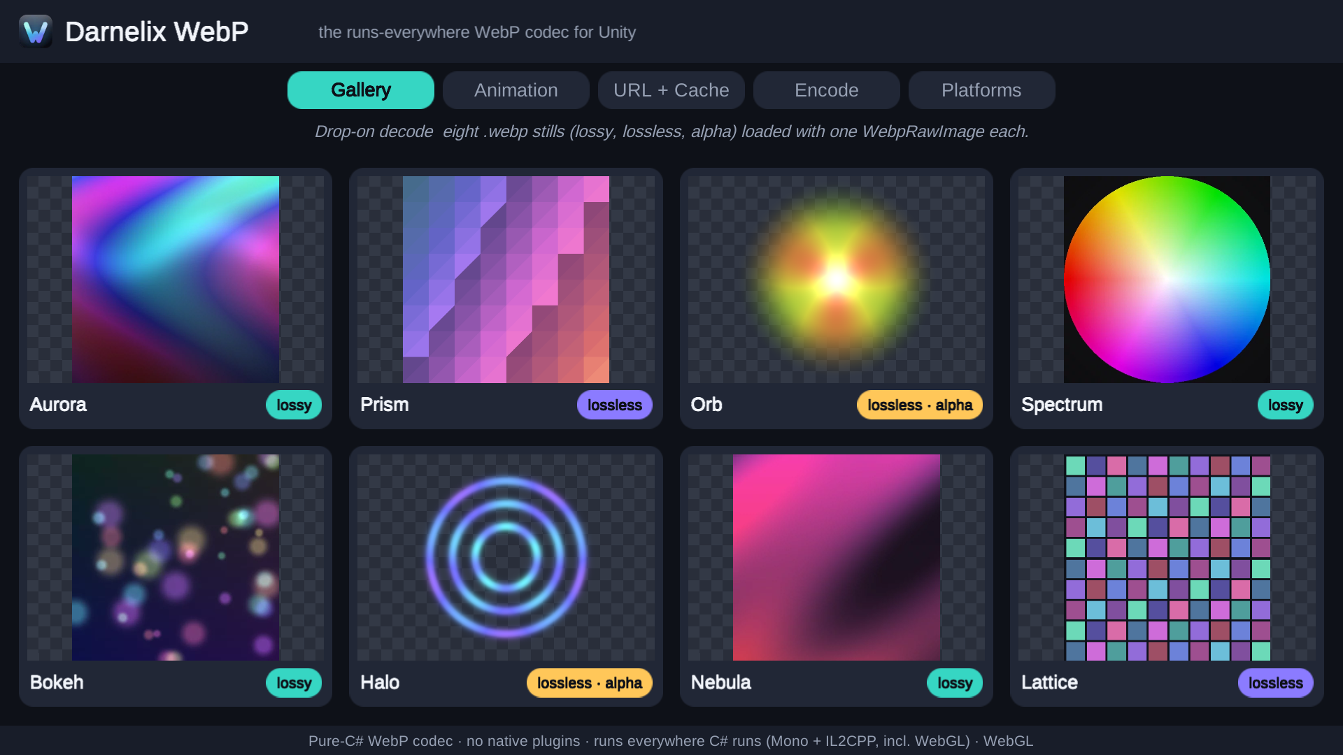 A gallery of decoded .webp stills — lossy, lossless, and an image with transparency — shown through drop-on display components