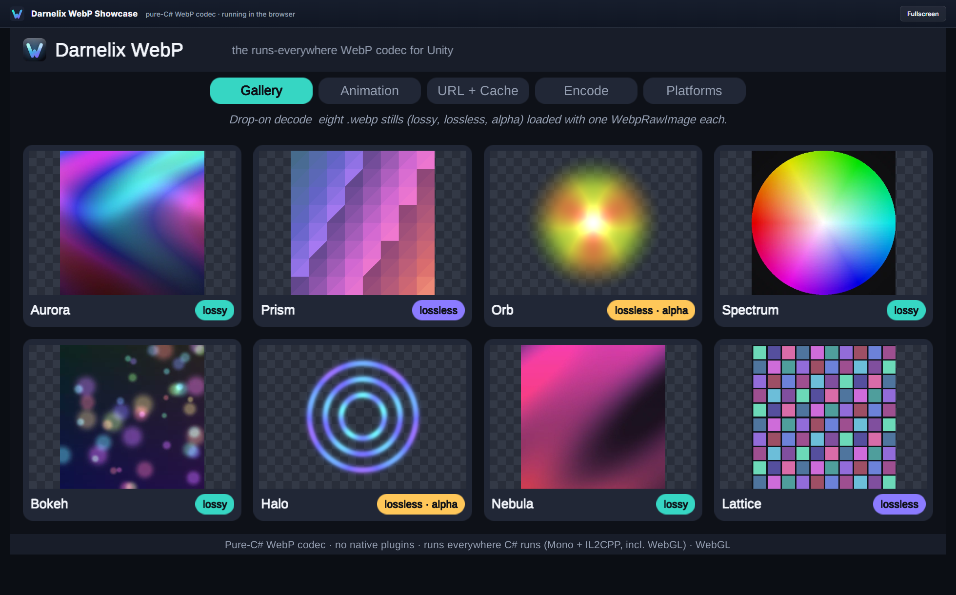 The package running inside a real web browser via a WebGL build, decoding WebP with no native plugin